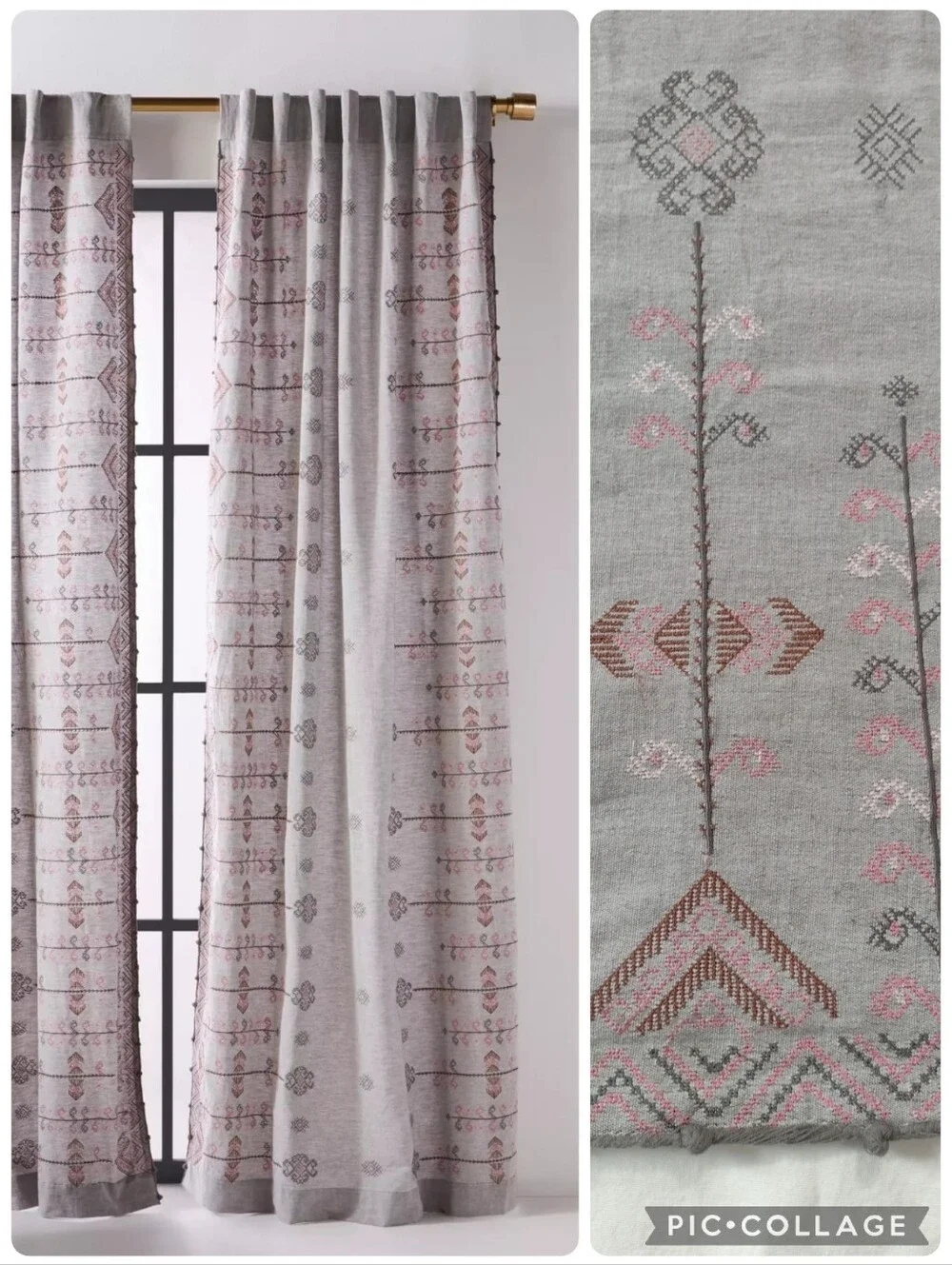 Anthropologie Cotton Linen Embroidered Natani Curtain Single Panel Grey Pink